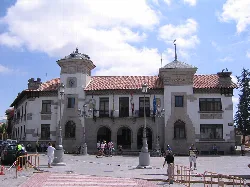 Rathaus mit Türmen und Flaggen an der Fassade.