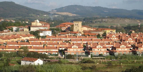 Vista panorámica de casas en Erandio con colinas y montañas al fondo.