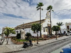 Church in San Sebastián square with palm trees and trees in Mairena del Alcor.