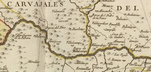 Detalle del sur del partido de Carbajales, del suroeste del Pan y del norte de Sayago en 'Mapa de la Provincia de Zamora. Comprehende los partidos del Pan, el del Vino, el de Sayago, el de Carvajales, el de Alcañizas, el de Mombuey y el de Tábara' (1773).