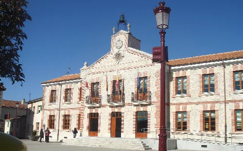 Town hall building with flags and a street lamp in front.