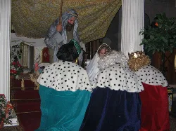 Figures of the Three Wise Men and characters in a Christmas scene in Calles, Valencia.