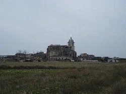 Landscape with church and houses in Támara de Campos, Palencia.