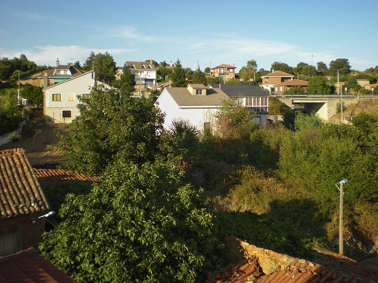 Stadtszene mit Häusern und Bäumen in Fonfría, Zamora.