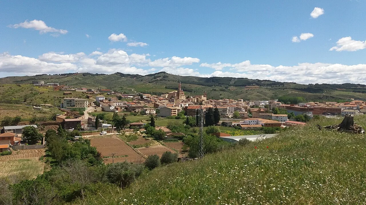 Vista panorámica de Ateca con casas, colinas y cielo nublado.