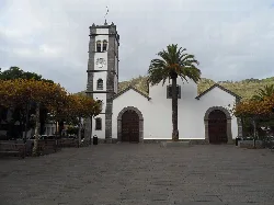 Church of San Marcos Evangelista with tower and palm trees in the square.
