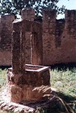 Ancient stone cistern with stone wall and vegetation in the background