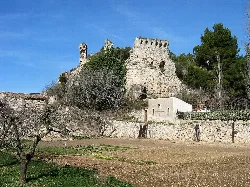 Ruinas de un castillo en Querol, Tarragona, con árboles y campo en primer plano.