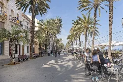 A promenade with palm trees, benches, and outdoor cafes in Badalona.