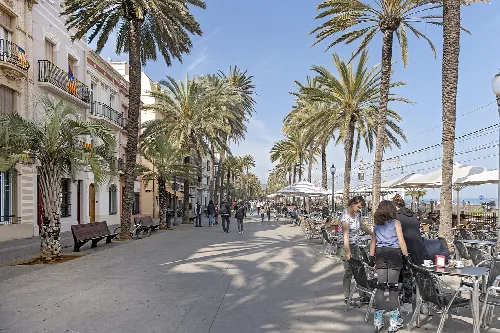 A promenade with palm trees, benches, and outdoor cafes in Badalona.
