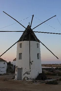Wooden windmill with white walls in San Pedro del Pinatar.