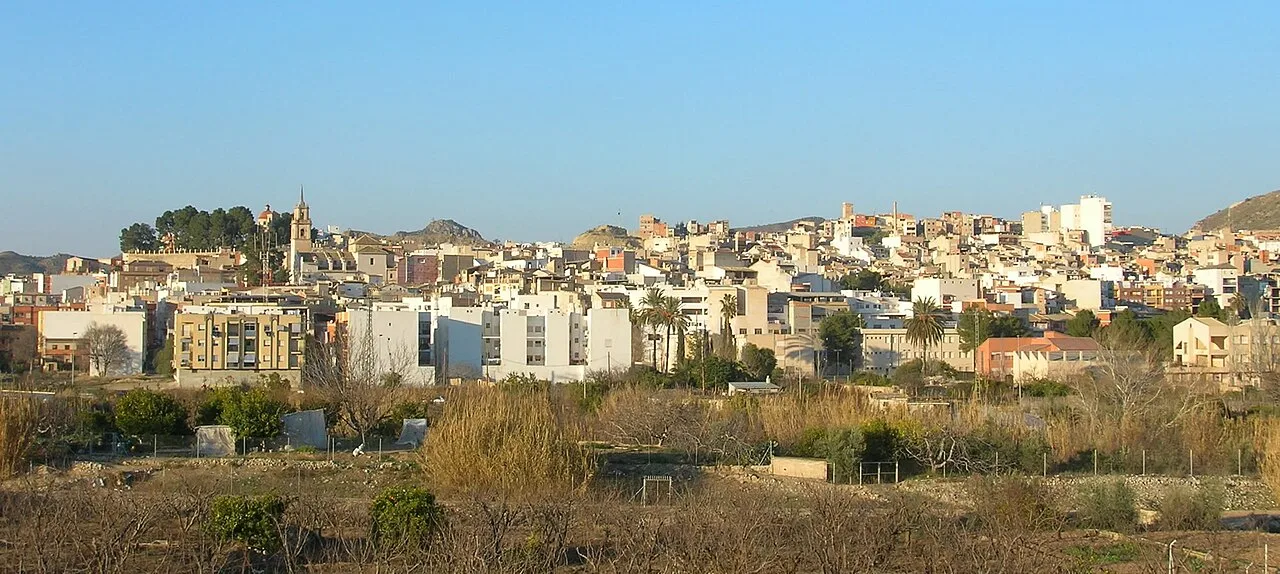 Panoramic view of Abarán with buildings and hills in the background.