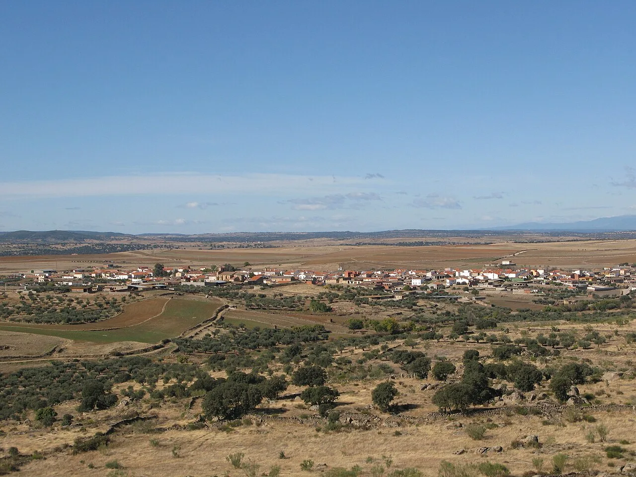 Rural landscape with village and fields from Peña Rastraera in Villar del Pedroso.