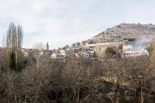 Landscape of Budia with houses on the hill and trees in the foreground.