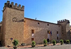Palace with towers and stone walls in Onil, with flags and plants in the square.