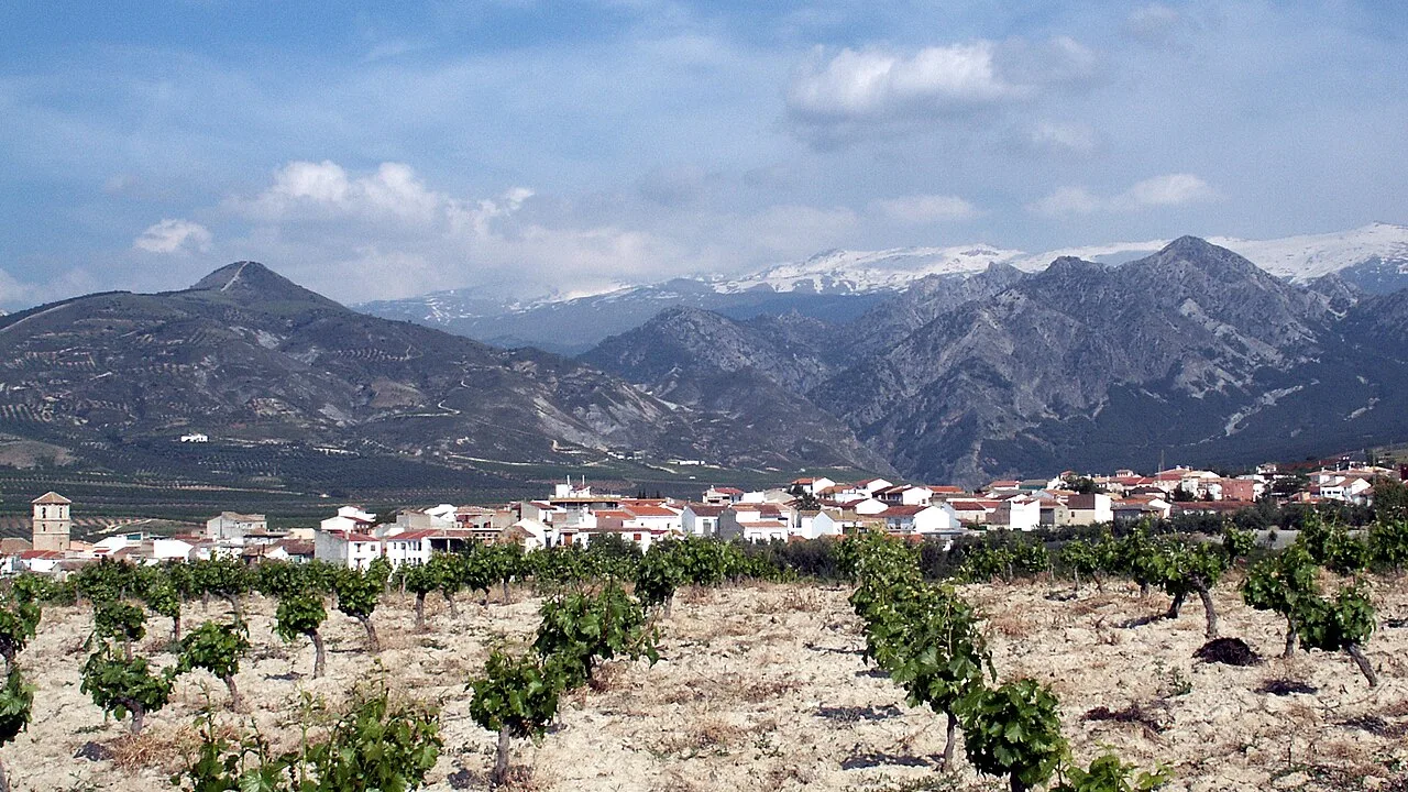 Panoramablick auf Dílar mit Bergen und Weinbergen im Vordergrund