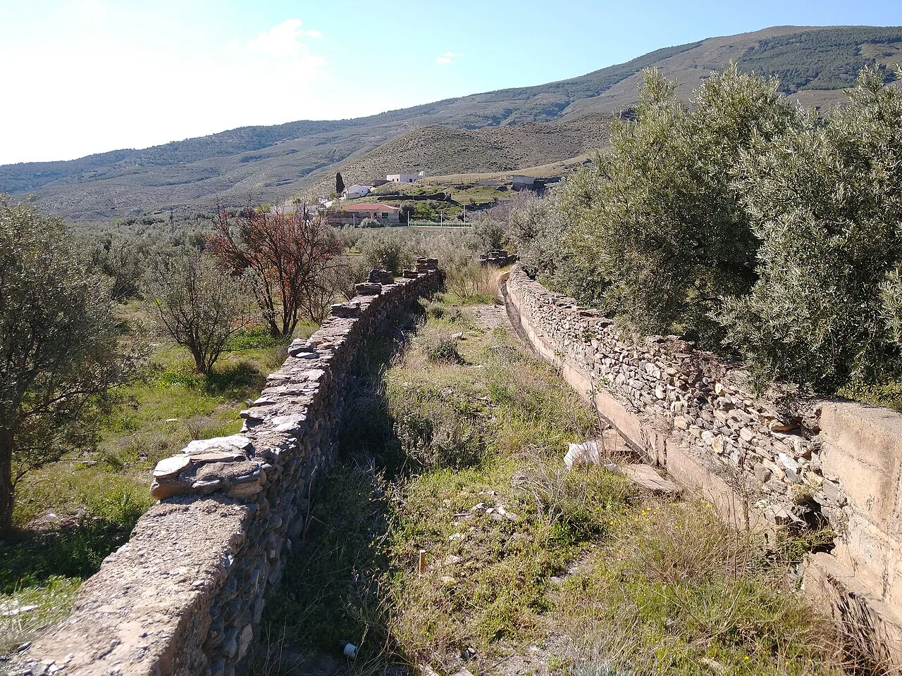 Calles rurales con muros de piedra y árboles en Las Tres Villas, Almería.