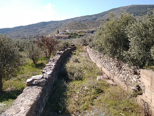 Calles rurales con muros de piedra y árboles en Las Tres Villas, Almería.
