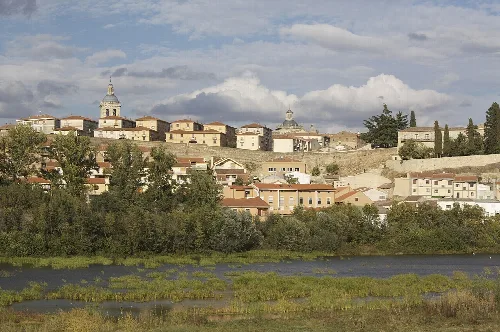 Panoramablick auf Ciudad Rodrigo mit historischen Gebäuden und Mauern.