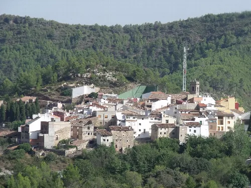 Panoramic view of Villamalur with white houses and green hills.