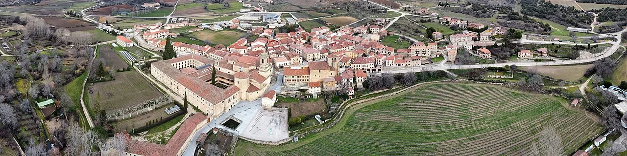 Aerial panoramic view of Santo Domingo de Silos showing the monastery and rural landscape.