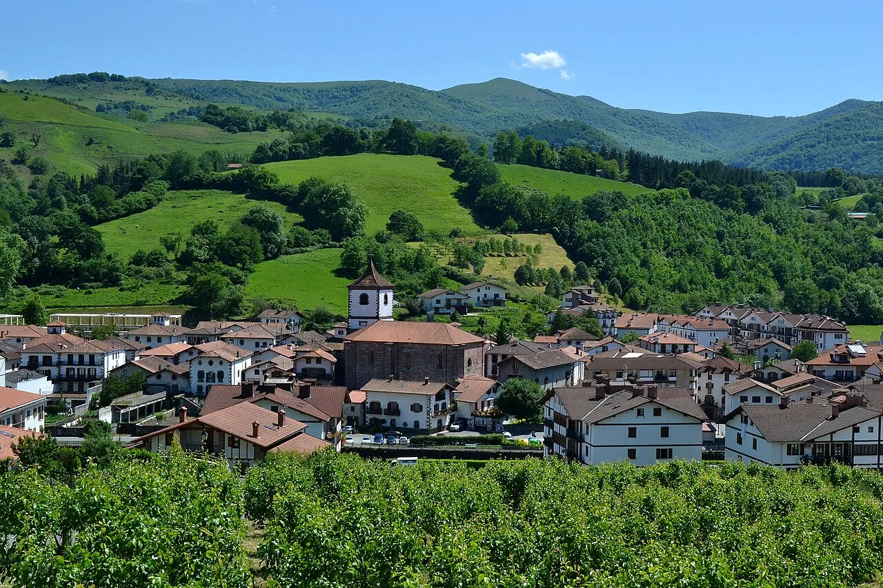 Blick auf eine Stadt mit Häusern und einer Kirche in einem Tal, umgeben von Bergen.