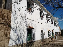 Edificio blanco con ventanas con rejas y sombra de árbol en la fachada.
