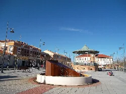 Town square with modern fountain and Town Hall in Cabanillas del Campo.