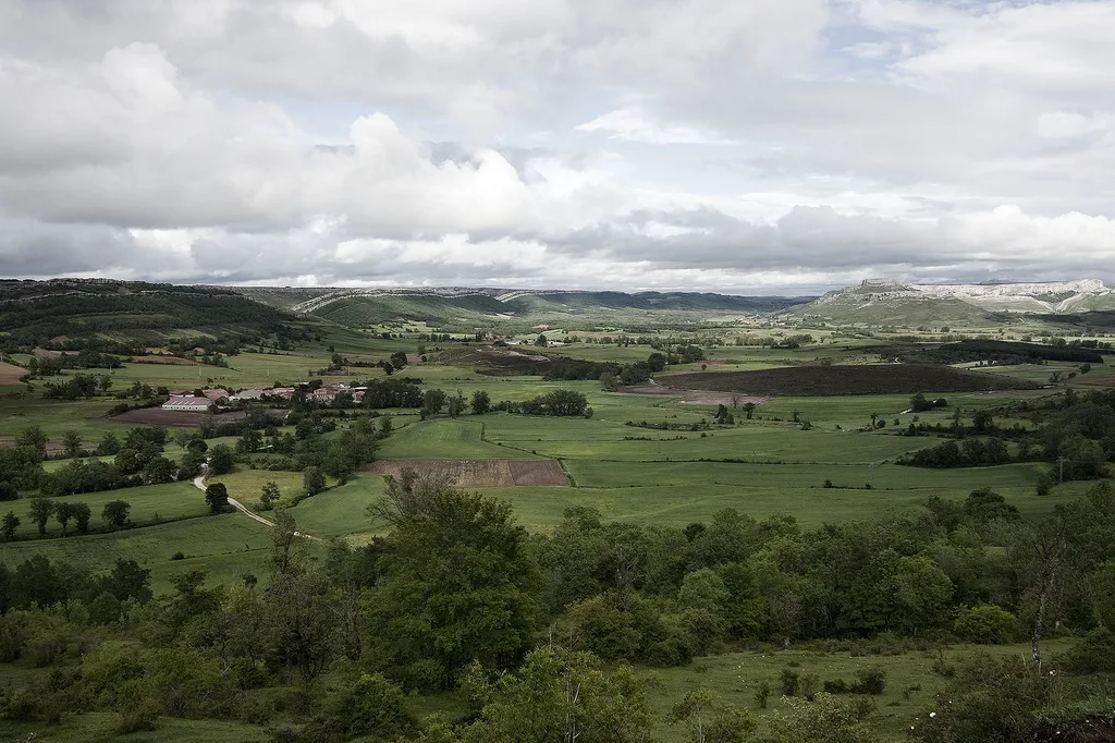Paisaje rural con campos verdes y colinas en un día nublado.
