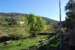 Picknickplatz mit Bäumen und einem natürlichen Teich in Cabeza la Vaca.