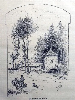 Dibujo en blanco y negro de la fuente de Cella con árboles y un puente.