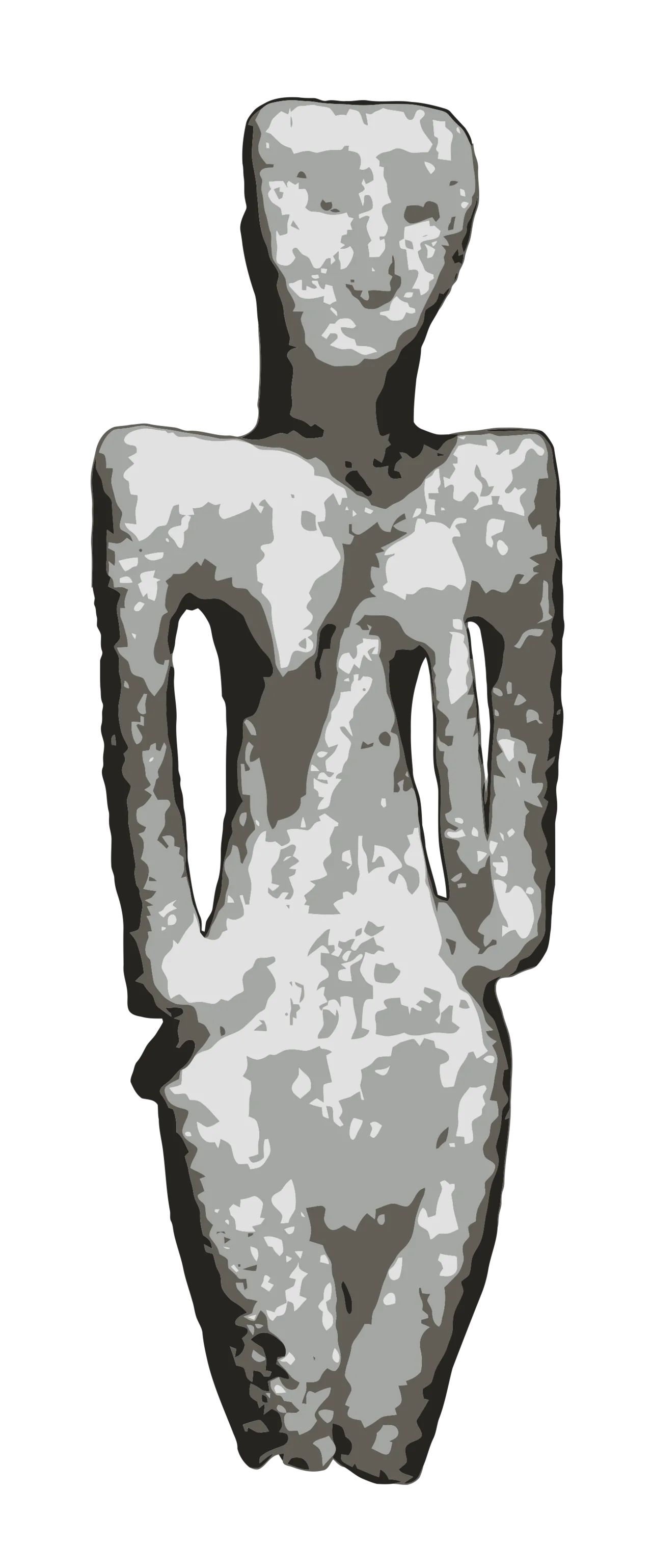Alabaster sculpture of a female figure with hands on breasts.