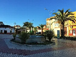Main square with palm trees and buildings in La Haba.