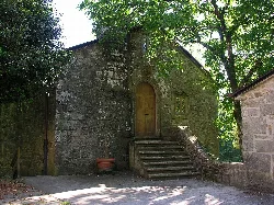 Stone building with wooden door and stairs, surrounded by trees.
