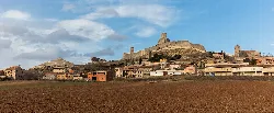 Vista de un pueblo con castillo en lo alto y casas tradicionales en primer plano.