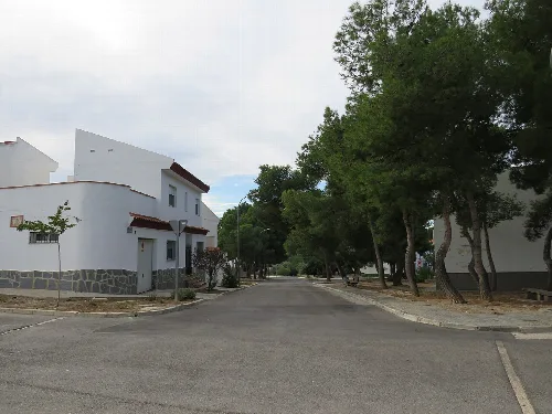 Straße mit Bäumen und weißen Häusern in Domeño, Valencia.