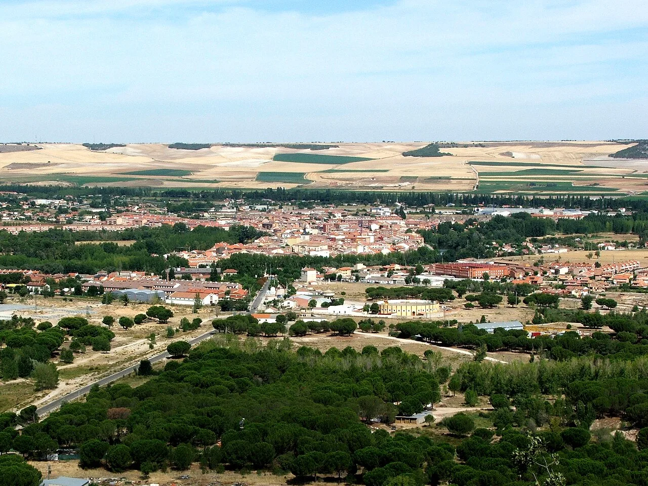 Panoramablick auf Tudela de Duero mit Gebäuden und Feldern.