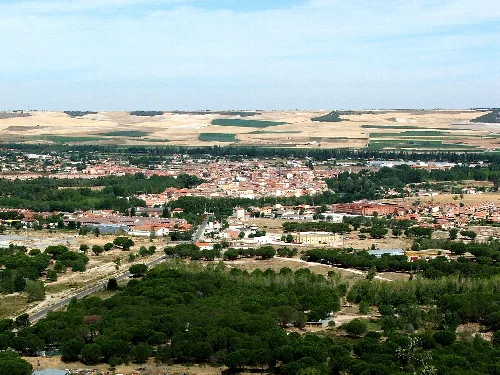 Vista panorámica de Tudela de Duero con edificios y campos agrícolas.