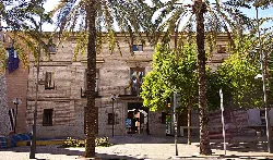 Edificio de Casa Vivanco con palmeras y árboles en la plaza.