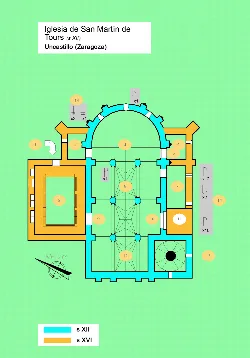 Plano de la iglesia con planta y marcas de cantería en Uncastillo.