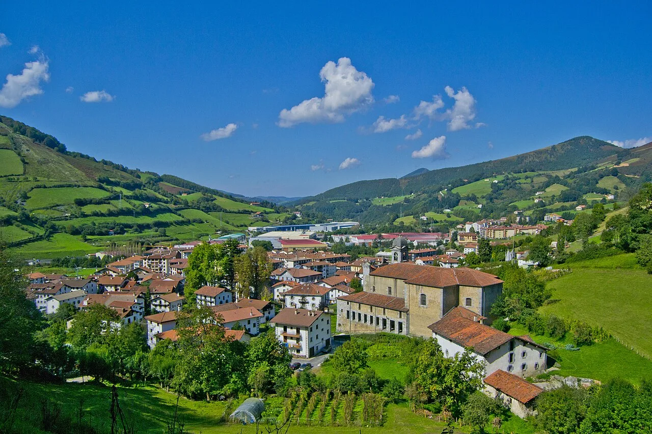Vista panorámica de Leitza con casas y montañas verdes.