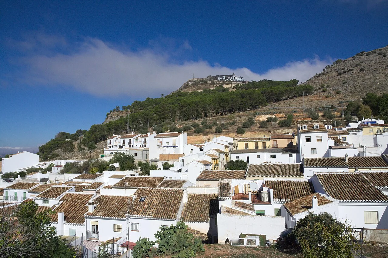 Vista de casas blancas en una ciudad en una colina con vegetación y edificios en la cima.