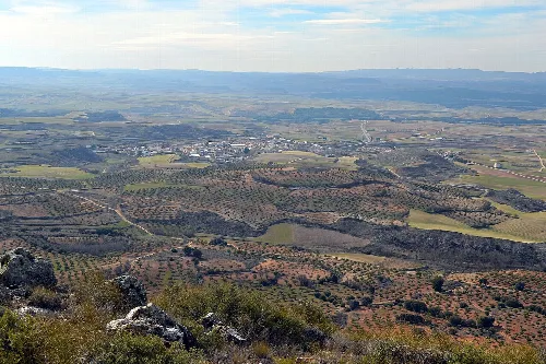 Landschaft mit Feldern und Olivenhainen von einem Hügel in Villalba del Rey.
