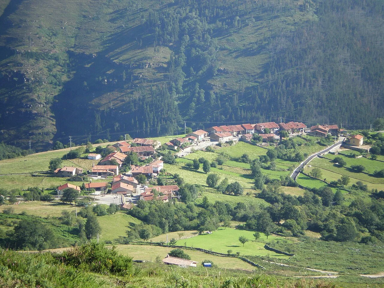Luftaufnahme des Dorfes Los Tojos in Kantabrien mit Häusern und Natur.