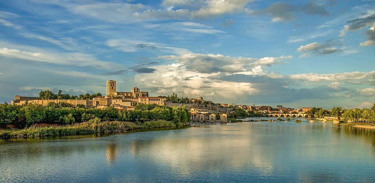 Panoramablick auf die Kathedrale von Zamora und den Fluss Duero.