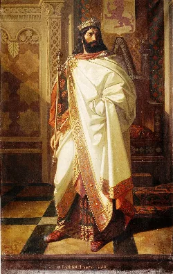 Porträt von Ramiro I. von Asturien mit Krone und königlicher Kleidung in einem dekorierten Raum.