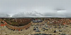 360-degree view of Lerma's Plaza Mayor, Burgos, with buildings and cars.