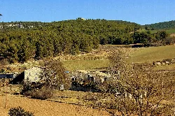 Rural buildings in a landscape of hills and trees in Querol.