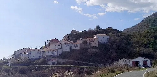 White houses on a hilltop in Castillonuevo, Navarra.