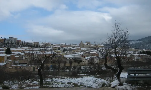 Casas y árboles cubiertos de nieve en Torremanzanas, Alicante, en 2006.